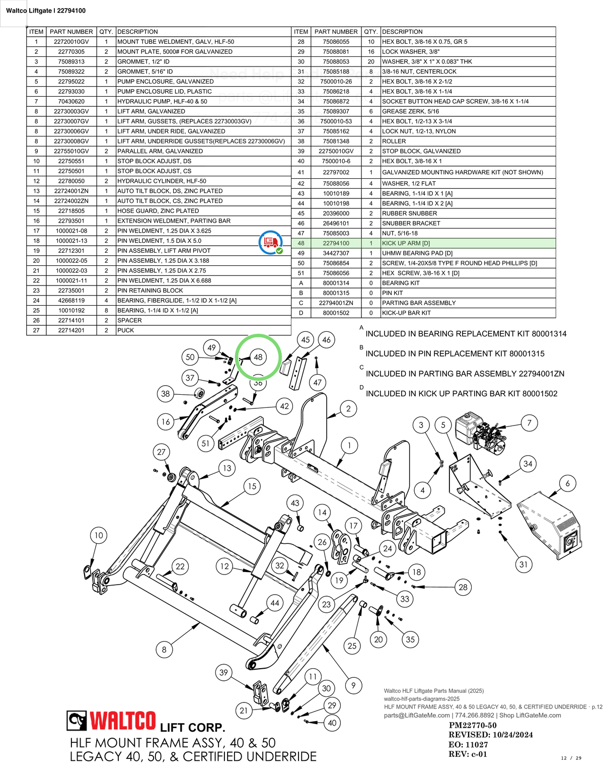 Waltco Liftgate | 22794100 — HLF MOUNT FRAME ASSY, 40 & 50 LEGACY 40, 50, & CERTIFIED UNDERRIDE · p.12 (Waltco HLF Parts Manual)
