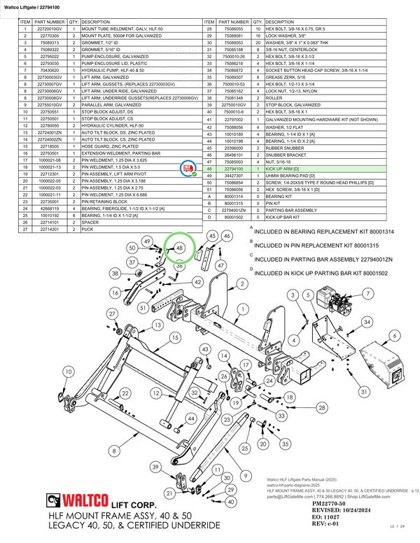 Waltco Liftgate | 22794100 — HLF MOUNT FRAME ASSY, 40 & 50 LEGACY 40, 50, & CERTIFIED UNDERRIDE · p.12 (Waltco HLF Parts Manual)