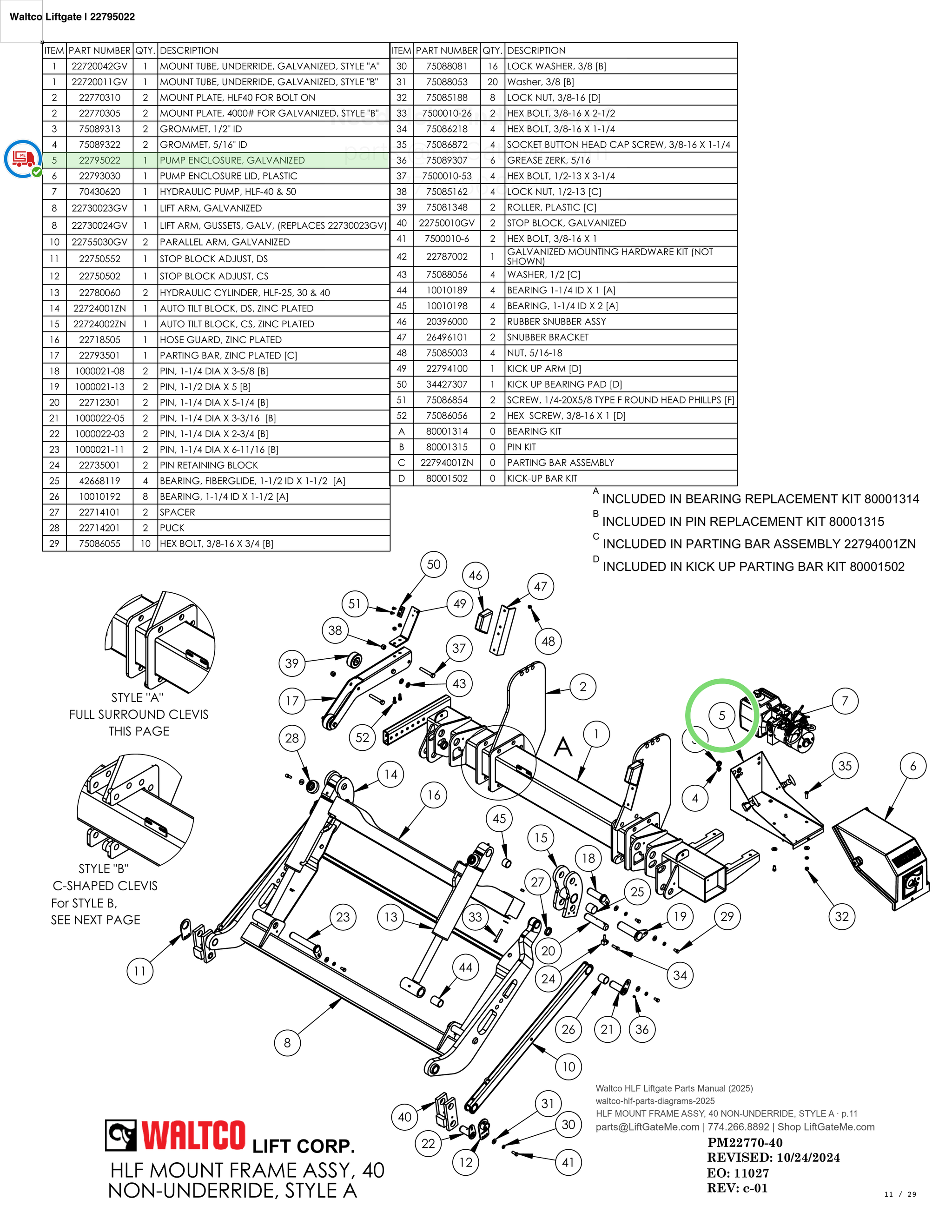 Waltco Liftgate | 22795022 — HLF MOUNT FRAME ASSY, 40 NON-UNDERRIDE, STYLE A · p.11 (Waltco HLF Parts Manual)