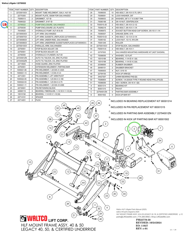 Waltco Liftgate | 22795022 — HLF MOUNT FRAME ASSY, 40 & 50 LEGACY 40, 50, & CERTIFIED UNDERRIDE · p.12 (Waltco HLF Parts Manual)