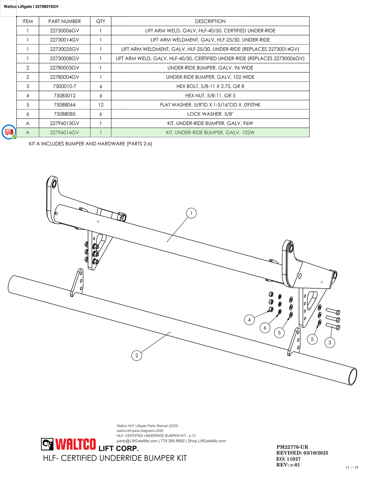 Waltco Liftgate | 22796016gv — HLF- CERTIFIED UNDERRIDE BUMPER KIT · p.13 (Waltco HLF Parts Manual)