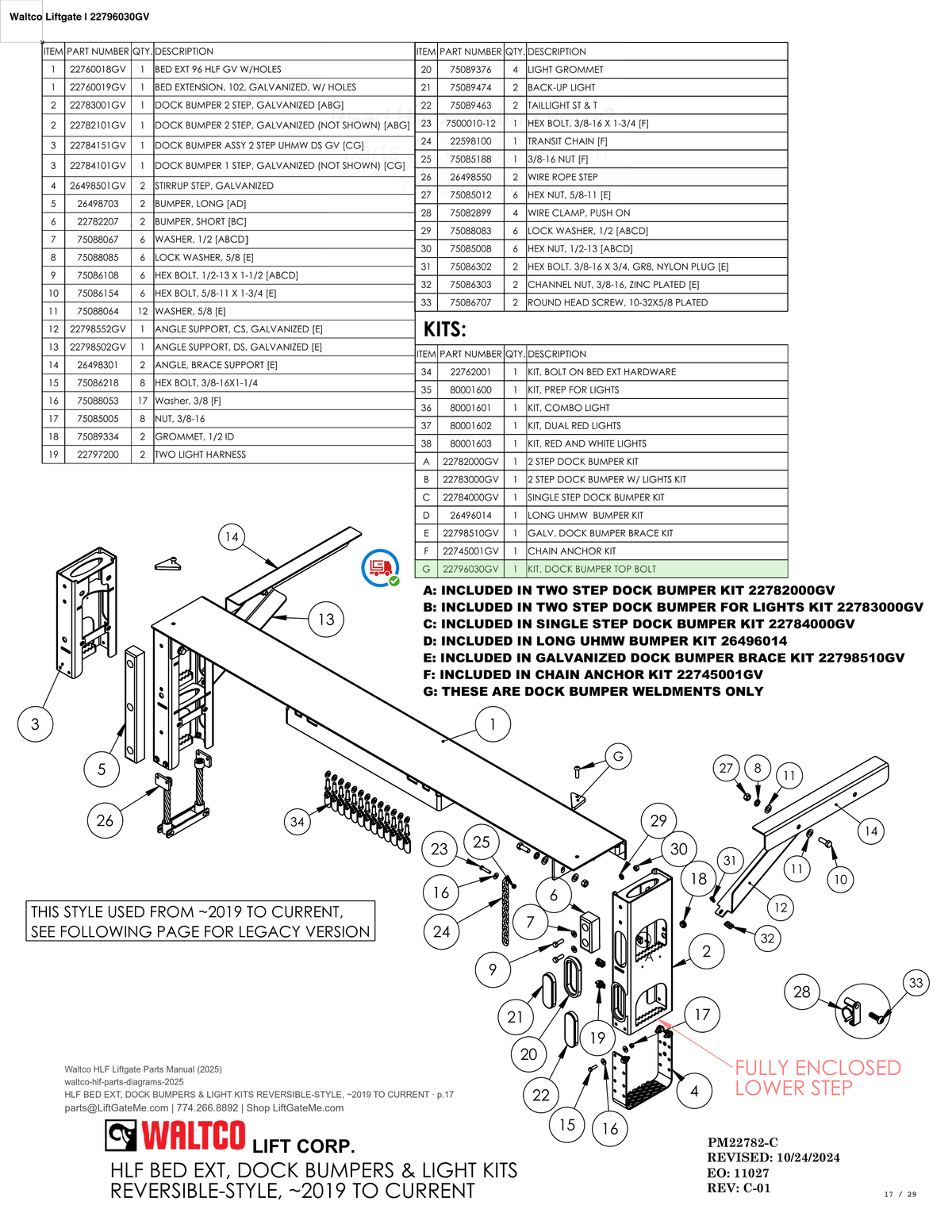 Waltco Liftgate | 22796030gv — HLF BED EXT, DOCK BUMPERS & LIGHT KITS REVERSIBLE-STYLE, ~2019 TO CURRENT · p.17 (Waltco HLF Parts Manual)