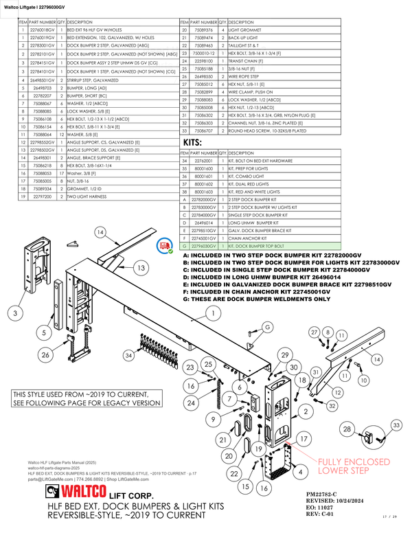 Waltco Liftgate | 22796030gv — HLF BED EXT, DOCK BUMPERS & LIGHT KITS REVERSIBLE-STYLE, ~2019 TO CURRENT · p.17 (Waltco HLF Parts Manual)
