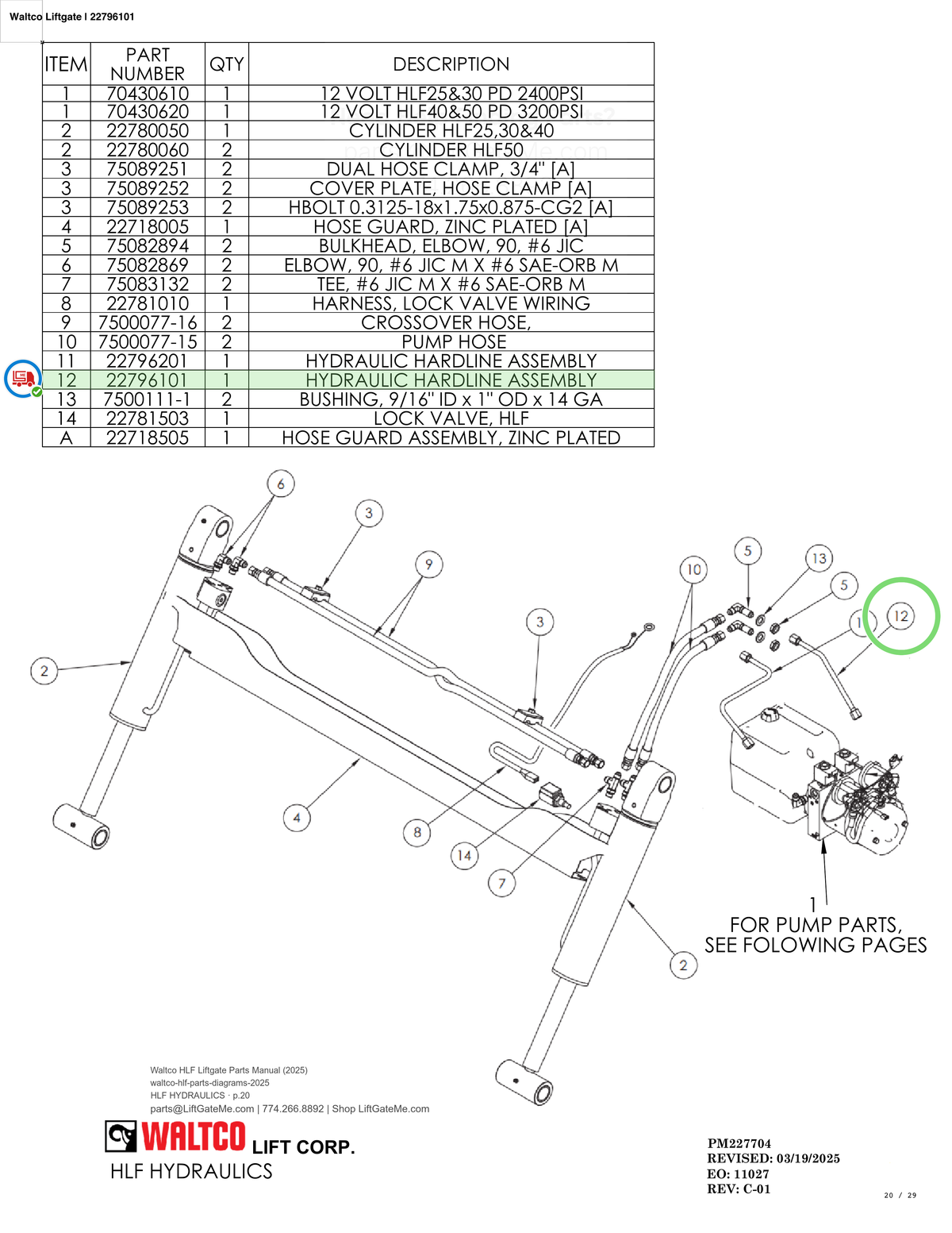 Waltco Liftgate | 22796101 — HLF HYDRAULICS · p.20 (Waltco HLF Parts Manual)