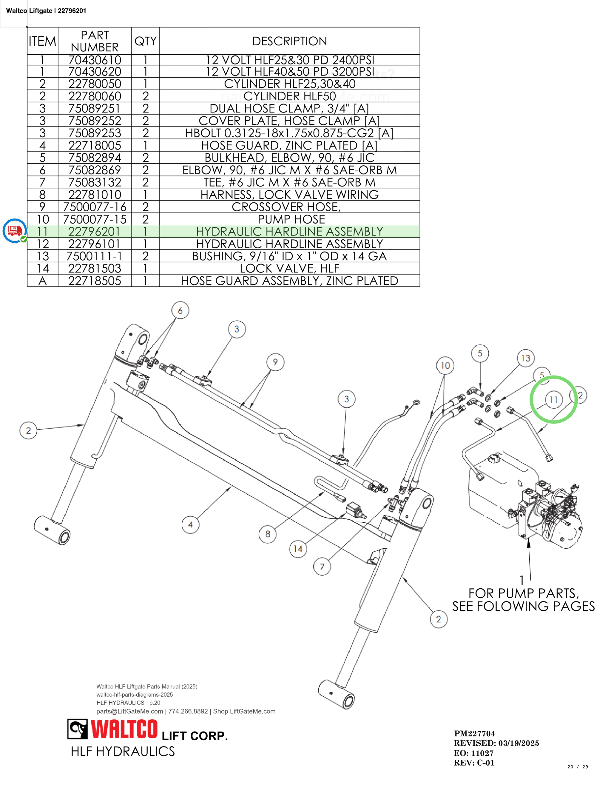 Waltco Liftgate | 22796201 — HLF HYDRAULICS · p.20 (Waltco HLF Parts Manual)