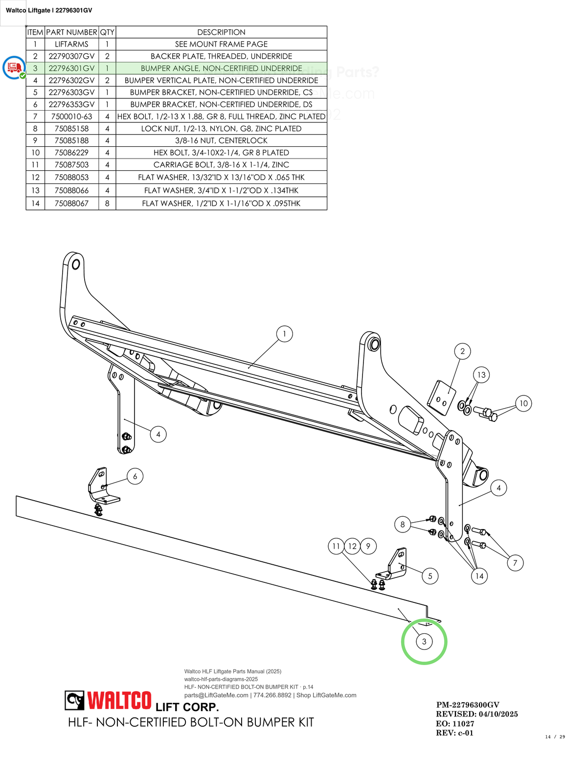 Waltco Liftgate | 22796301gv — HLF- NON-CERTIFIED BOLT-ON BUMPER KIT · p.14 (Waltco HLF Parts Manual)