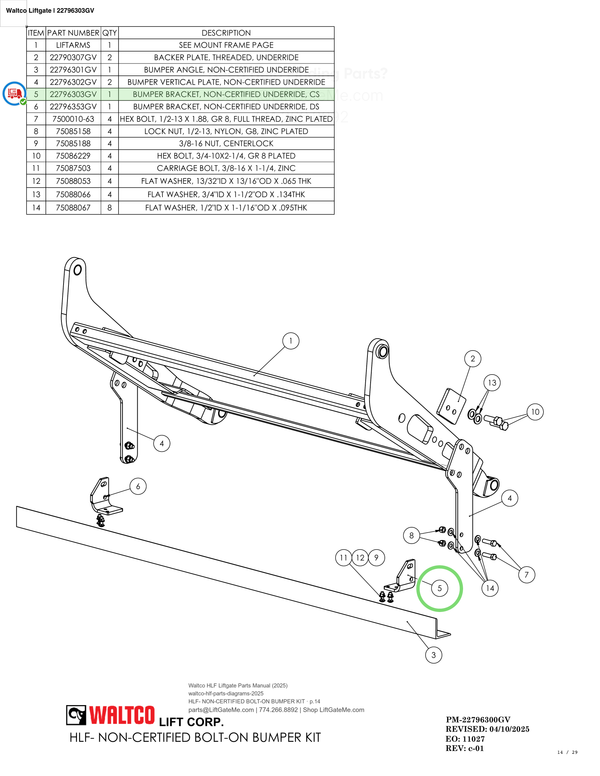 Waltco Liftgate | 22796303gv — HLF- NON-CERTIFIED BOLT-ON BUMPER KIT · p.14 (Waltco HLF Parts Manual)