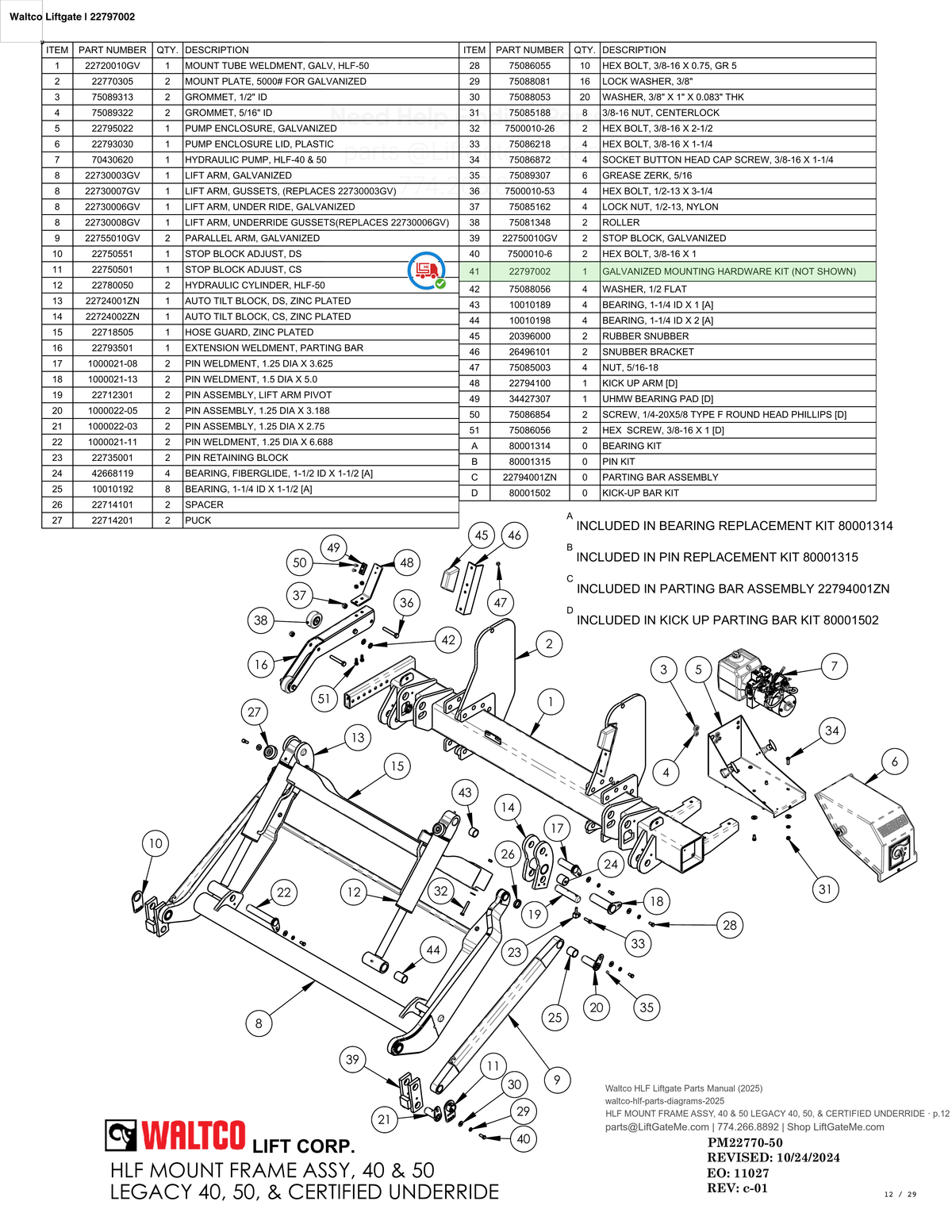 Waltco Liftgate | 22797002 — HLF MOUNT FRAME ASSY, 40 & 50 LEGACY 40, 50, & CERTIFIED UNDERRIDE · p.12 (Waltco HLF Parts Manual)
