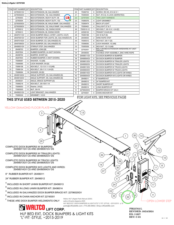 Waltco Liftgate | 22797200 — HLF BED EXT, DOCK BUMPERS & LIGHT KITS "L"-FIT -STYLE, ~2015-2019 · p.18 (Waltco HLF Parts Manual)