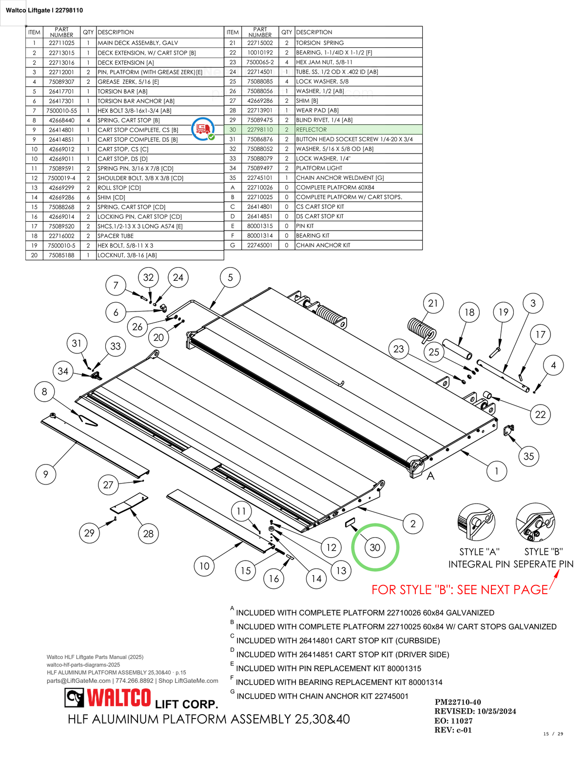 Waltco Liftgate | 22798110 — HLF ALUMINUM PLATFORM ASSEMBLY 25,30&40 · p.15 (Waltco HLF Parts Manual)