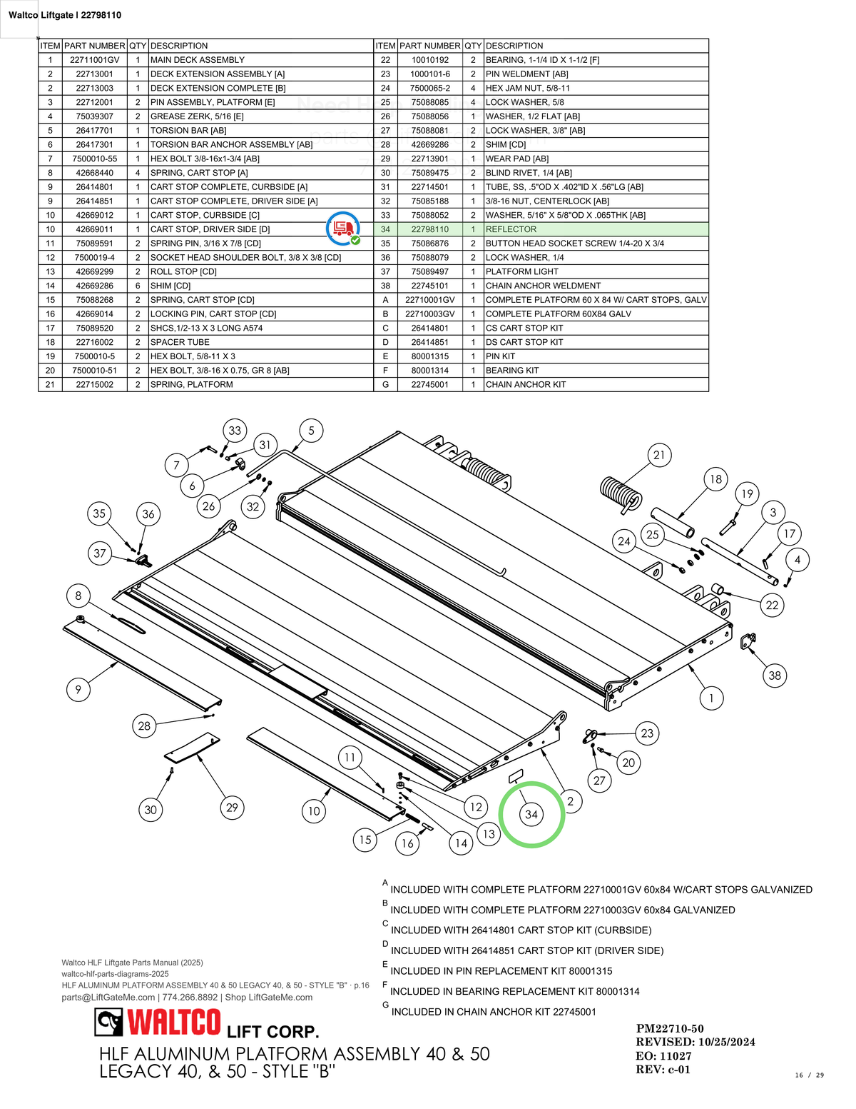 Waltco Liftgate | 22798110 — HLF ALUMINUM PLATFORM ASSEMBLY 40 & 50 LEGACY 40, & 50 - STYLE "B" · p.16 (Waltco HLF Parts Manual)
