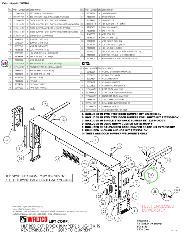 Waltco Liftgate | 22798552gv — HLF BED EXT, DOCK BUMPERS & LIGHT KITS REVERSIBLE-STYLE, ~2019 TO CURRENT · p.17 (Waltco HLF Parts Manual)