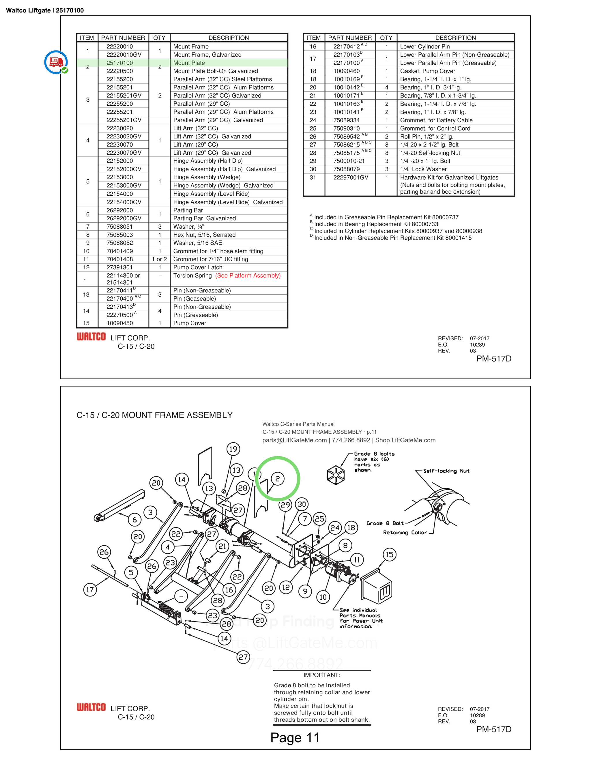 Waltco Liftgate | 25170100 — C-15 / C-20 MOUNT FRAME ASSEMBLY · p.11 (Waltco C-Series Parts Manual)