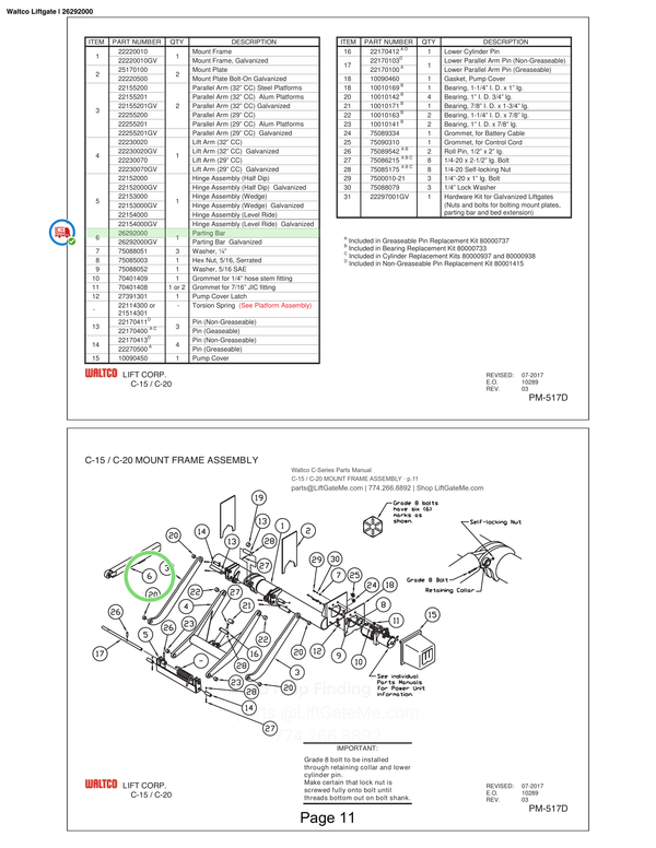 Waltco Liftgate | 26292000 — C-15 / C-20 MOUNT FRAME ASSEMBLY · p.11 (Waltco C-Series Parts Manual)