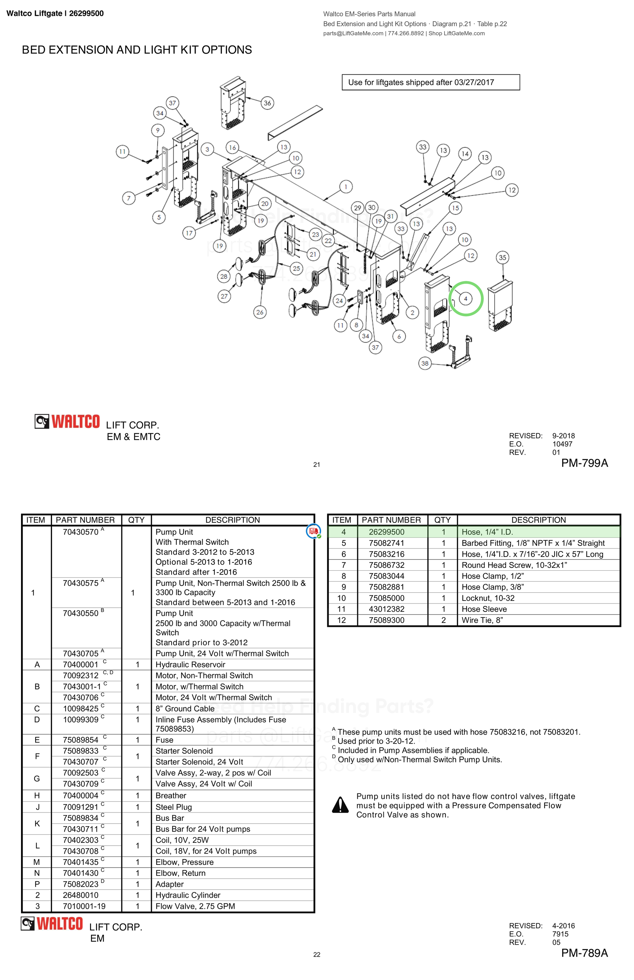 Waltco Liftgate | 26299500 — Bed Extension and Light Kit Options · Diagram p.21 · Table p.22 (Waltco EM-Series Parts Manual)