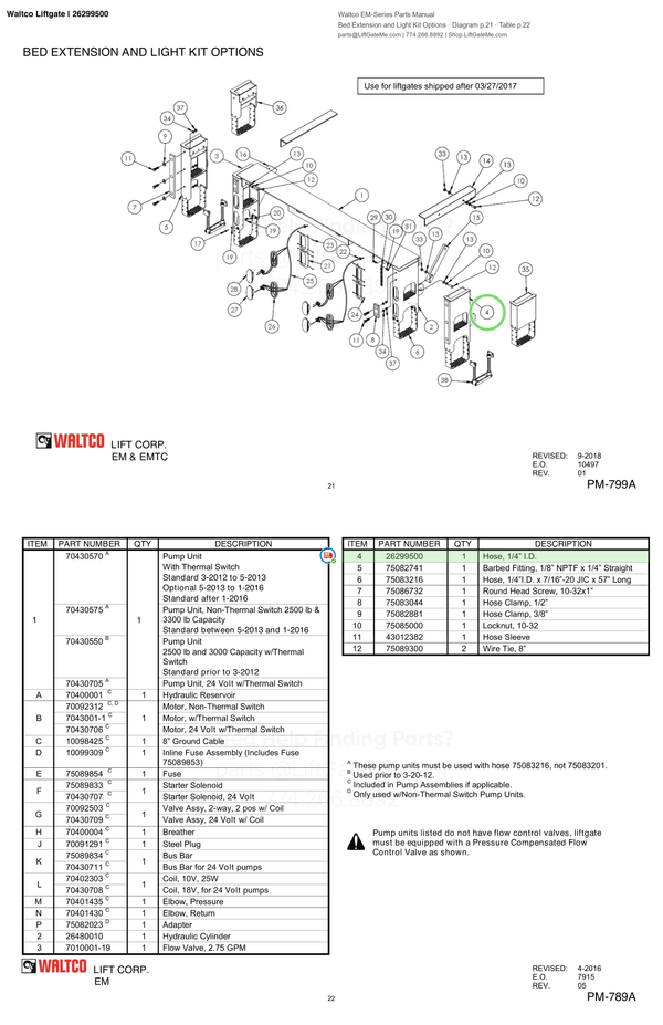 Waltco Liftgate | 26299500 — Bed Extension and Light Kit Options · Diagram p.21 · Table p.22 (Waltco EM-Series Parts Manual)