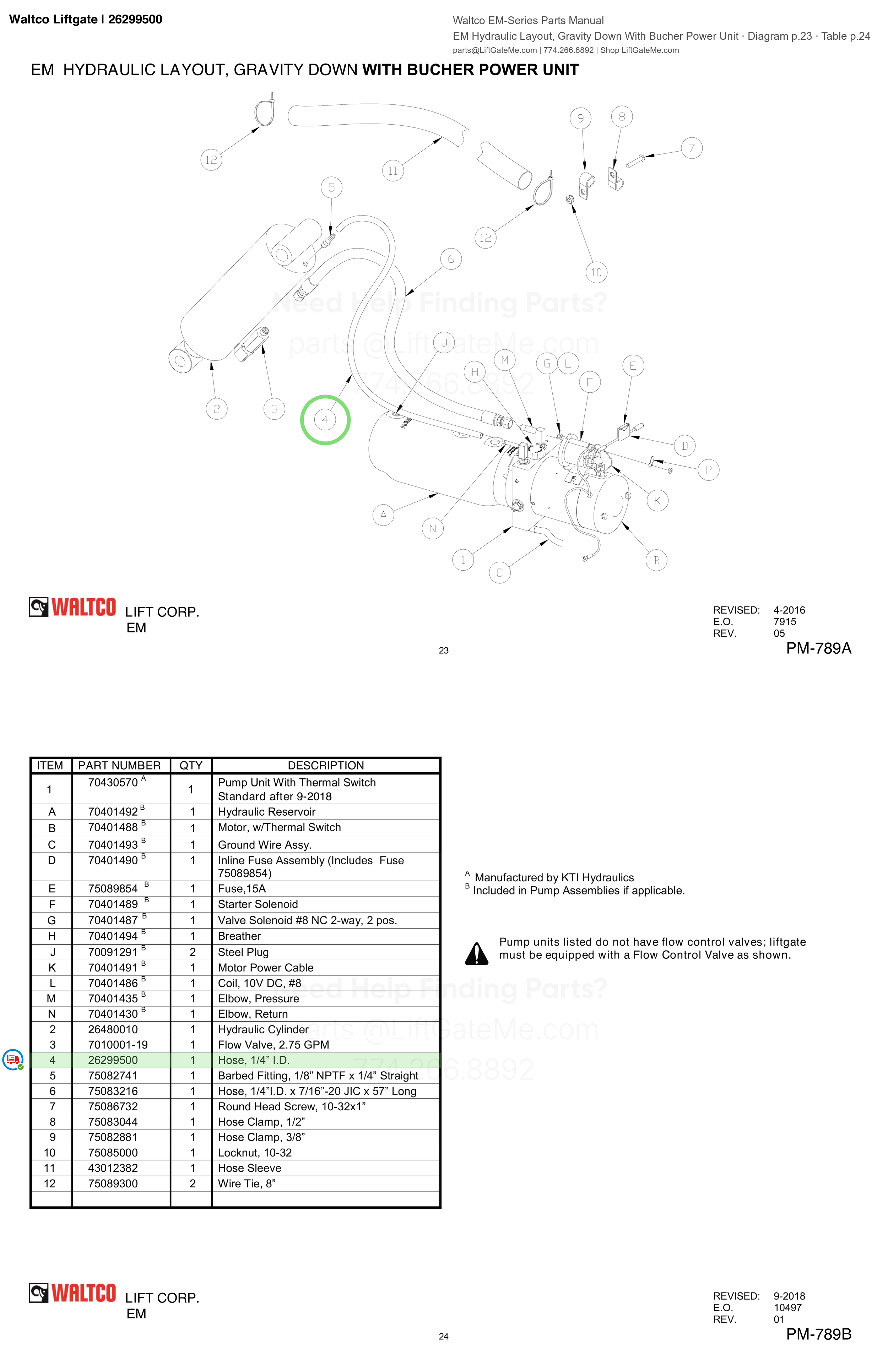 Waltco Liftgate | 26299500 — EM Hydraulic Layout, Gravity Down With Bucher Power Unit · Diagram p.23 · Table p.24 (Waltco EM-Series Parts Manual)