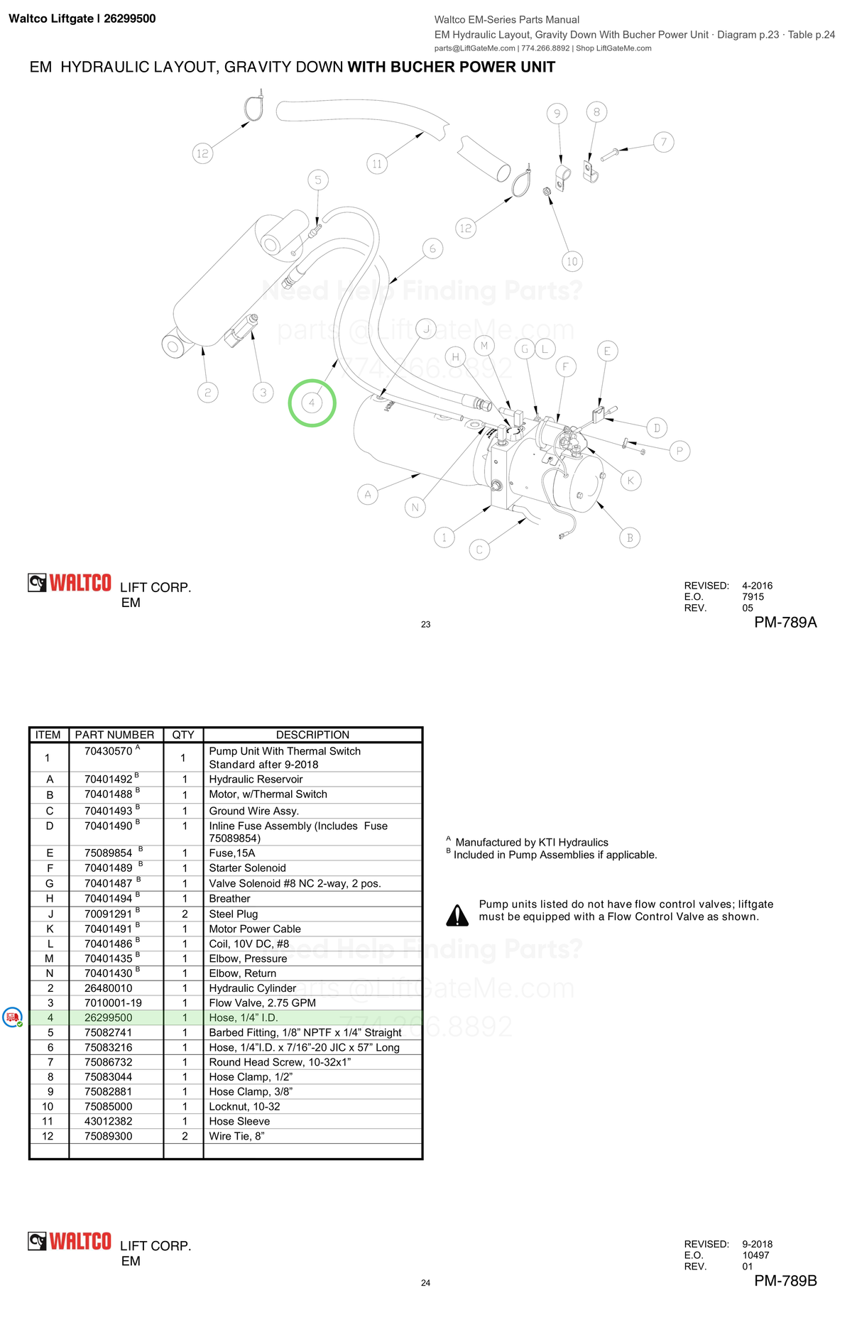 Waltco Liftgate | 26299500 — EM Hydraulic Layout, Gravity Down With Bucher Power Unit · Diagram p.23 · Table p.24 (Waltco EM-Series Parts Manual)