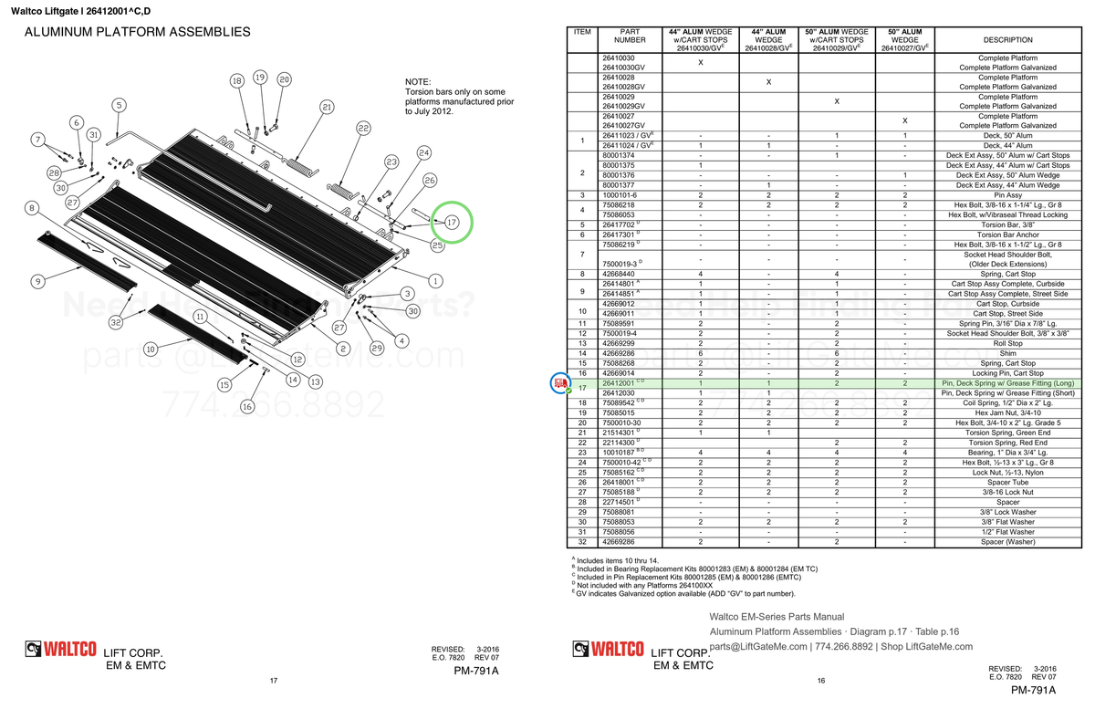 Waltco Liftgate | 26412001 — Aluminum Platform Assemblies · Diagram p.17 · Table p.16 (Waltco EM-Series Parts Manual)
