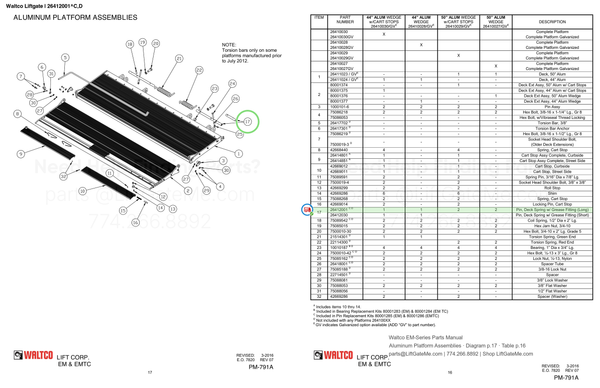 Waltco Liftgate | 26412001 — Aluminum Platform Assemblies · Diagram p.17 · Table p.16 (Waltco EM-Series Parts Manual)