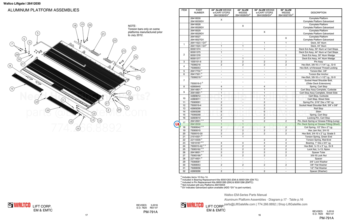 Waltco Liftgate | 26412030 — Aluminum Platform Assemblies · Diagram p.17 · Table p.16 (Waltco EM-Series Parts Manual)