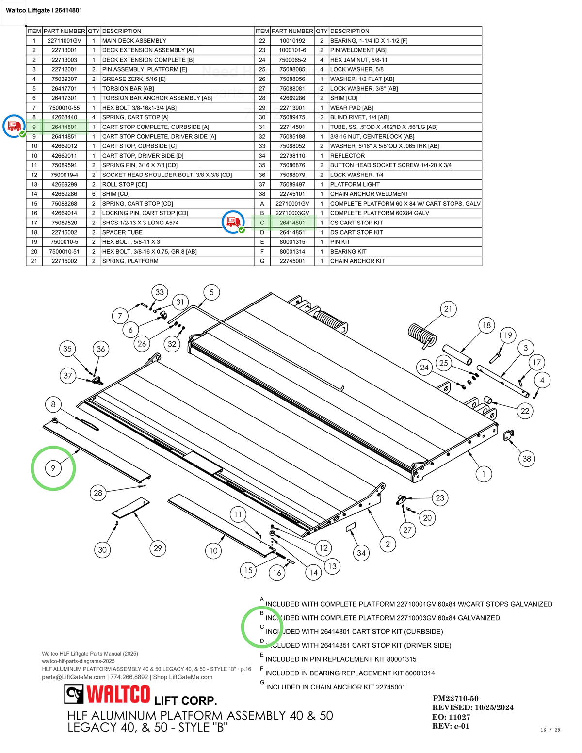 Waltco Liftgate | 26414801 — HLF ALUMINUM PLATFORM ASSEMBLY 40 & 50 LEGACY 40, & 50 - STYLE "B" · p.16 (Waltco HLF Parts Manual)