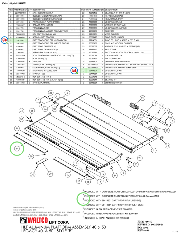 Waltco Liftgate | 26414801 — HLF ALUMINUM PLATFORM ASSEMBLY 40 & 50 LEGACY 40, & 50 - STYLE "B" · p.16 (Waltco HLF Parts Manual)