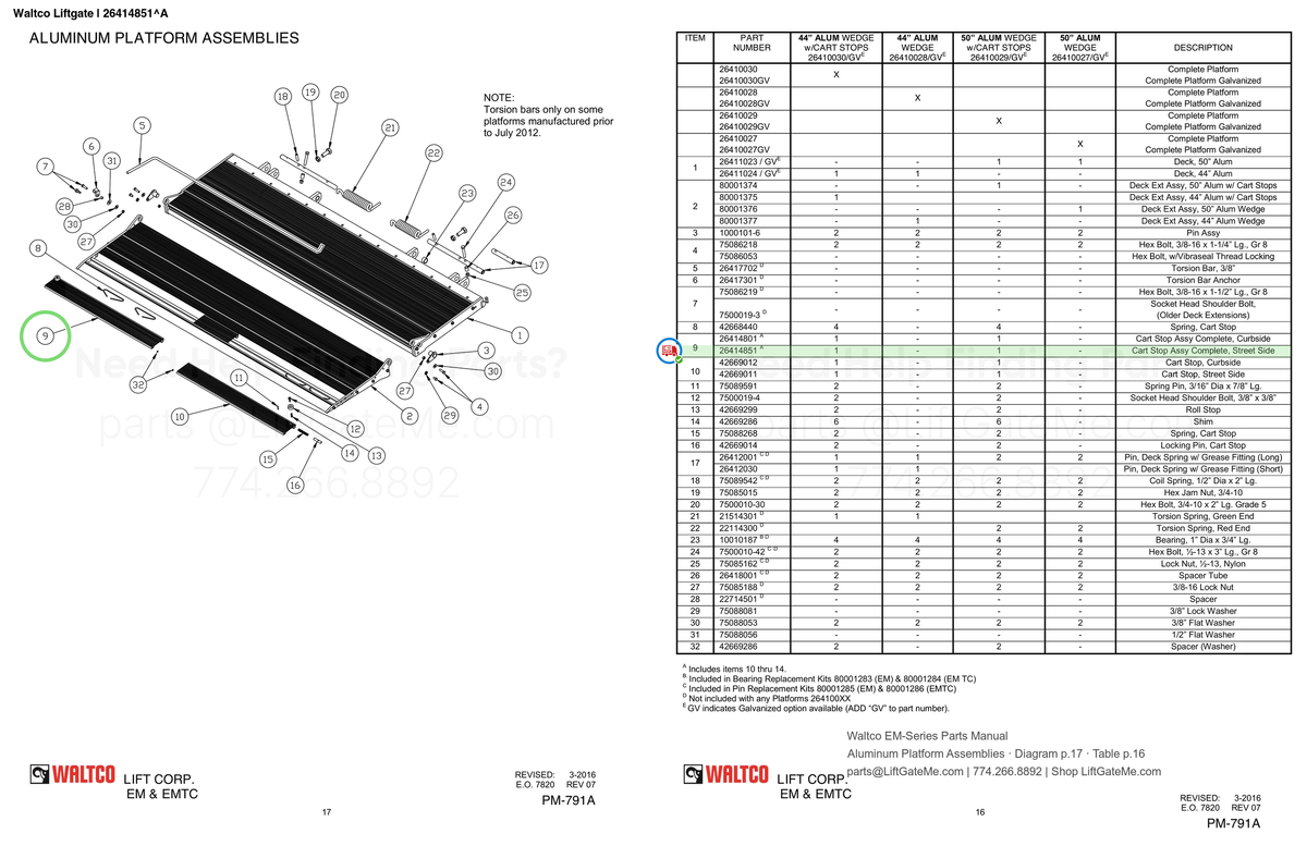 Waltco Liftgate | 26414851 — Aluminum Platform Assemblies · Diagram p.17 · Table p.16 (Waltco EM-Series Parts Manual)