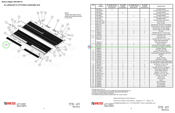 Waltco Liftgate | 26414851 — Aluminum Platform Assemblies · Diagram p.17 · Table p.16 (Waltco EM-Series Parts Manual)