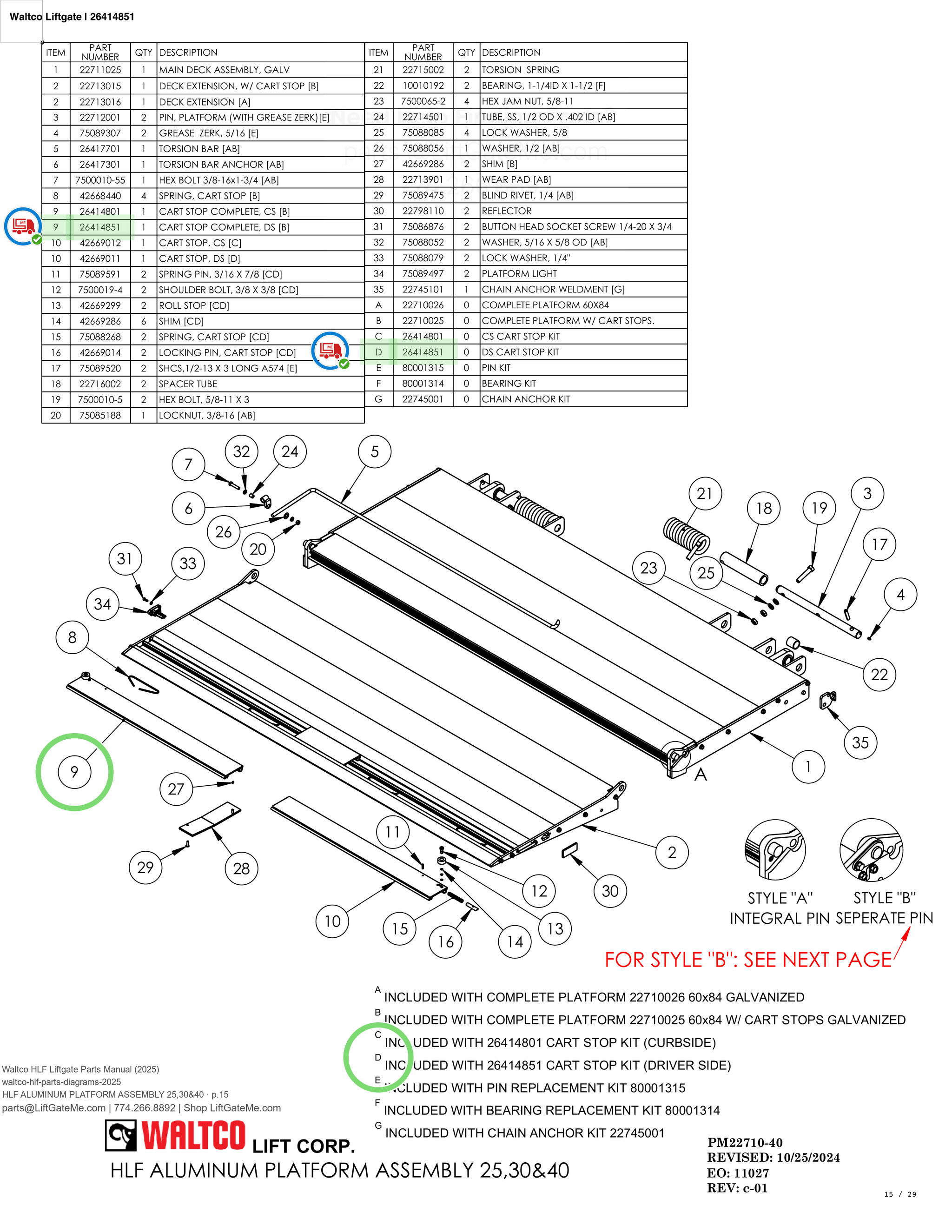 Waltco Liftgate | 26414851 — HLF ALUMINUM PLATFORM ASSEMBLY 25,30&40 · p.15 (Waltco HLF Parts Manual)