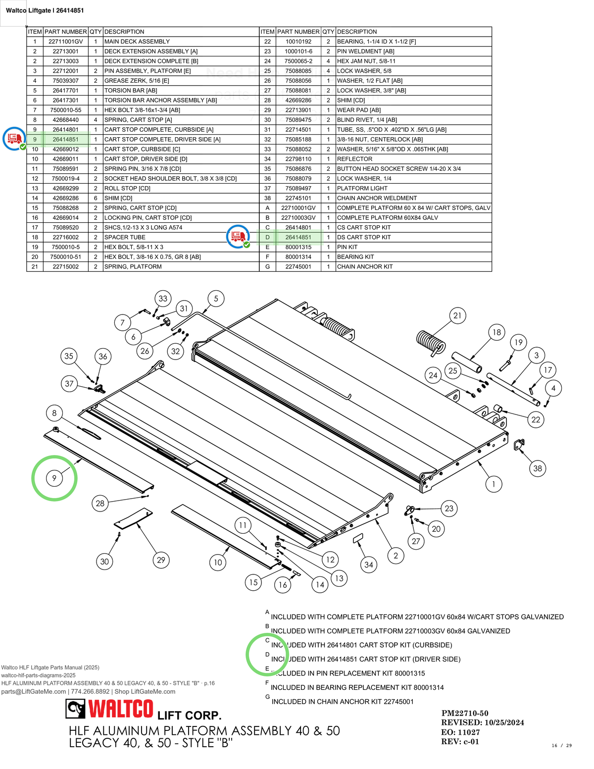 Waltco Liftgate | 26414851 — HLF ALUMINUM PLATFORM ASSEMBLY 40 & 50 LEGACY 40, & 50 - STYLE "B" · p.16 (Waltco HLF Parts Manual)