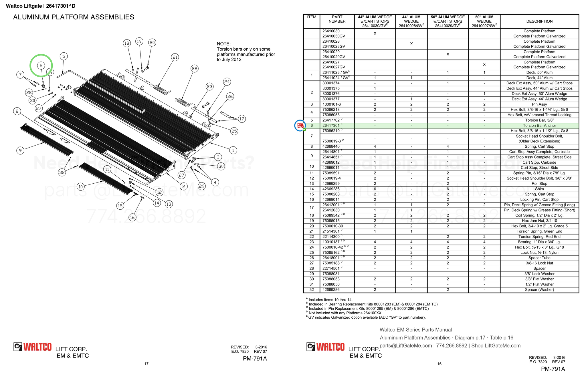 Waltco Liftgate | 26417301 — Aluminum Platform Assemblies · Diagram p.17 · Table p.16 (Waltco EM-Series Parts Manual)