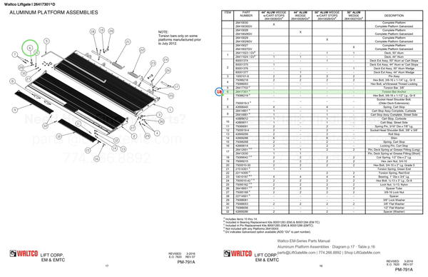 Waltco Liftgate | 26417301 — Aluminum Platform Assemblies · Diagram p.17 · Table p.16 (Waltco EM-Series Parts Manual)