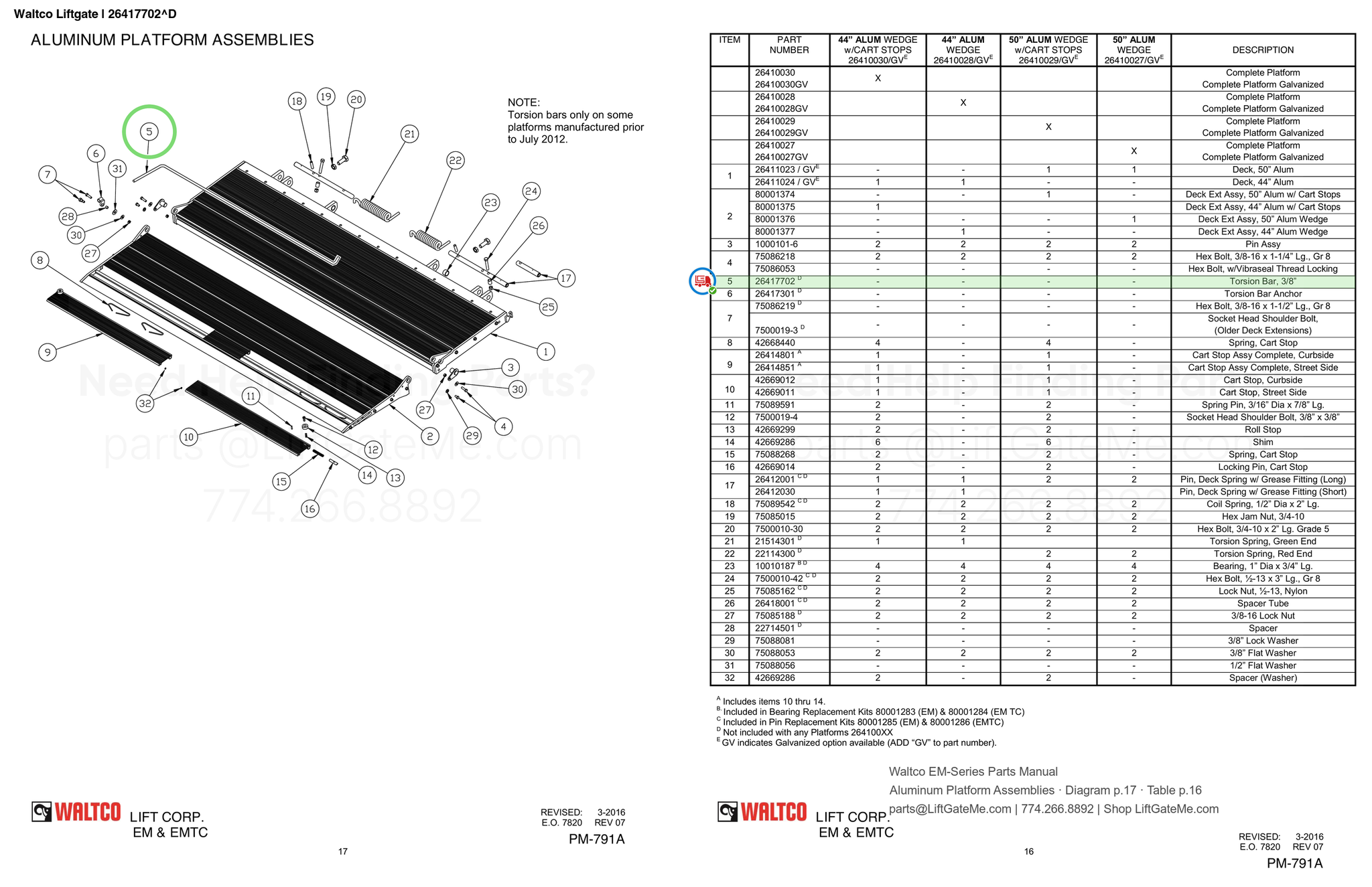 Waltco Liftgate | 26417702 — Aluminum Platform Assemblies · Diagram p.17 · Table p.16 (Waltco EM-Series Parts Manual)
