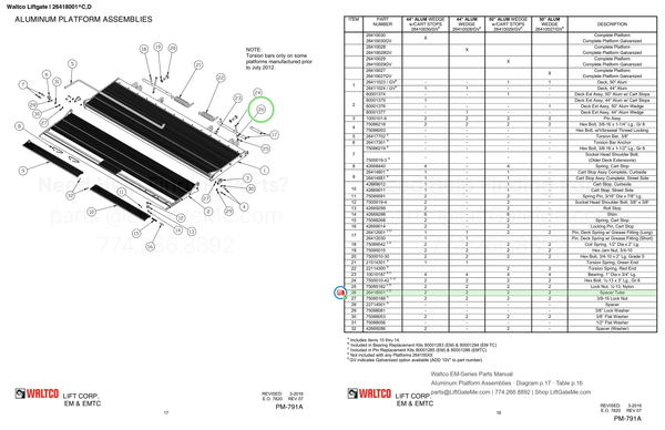 Waltco Liftgate | 26418001 — Aluminum Platform Assemblies · Diagram p.17 · Table p.16 (Waltco EM-Series Parts Manual)