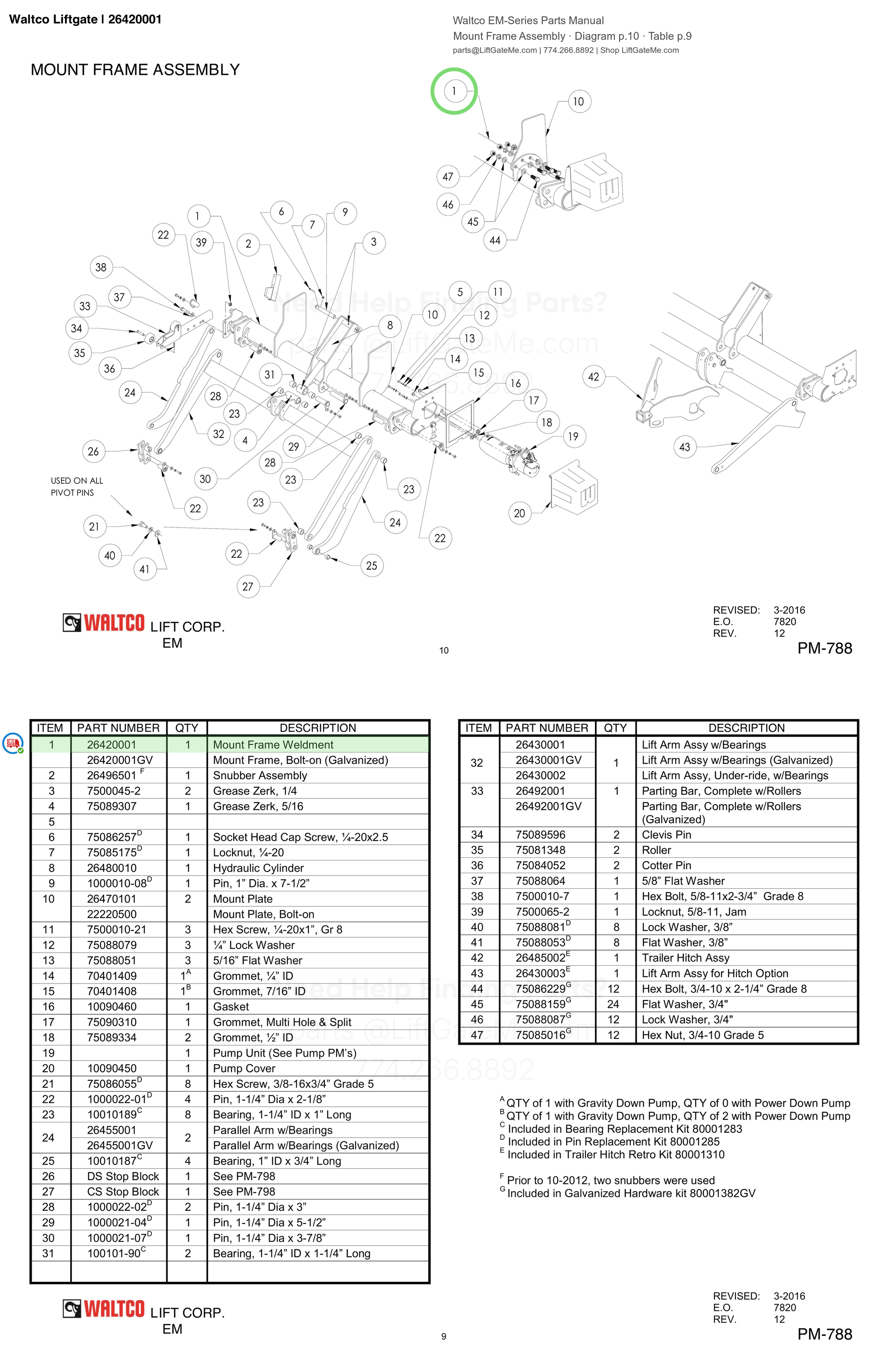 Waltco Liftgate | 26420001 — Mount Frame Assembly · Diagram p.10 · Table p.9 (Waltco EM-Series Parts Manual)