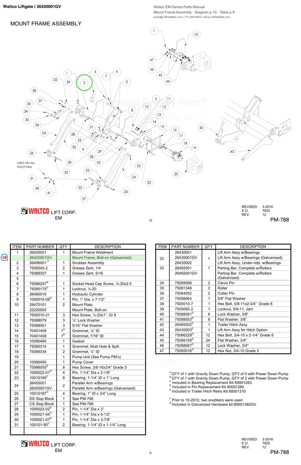 Waltco Liftgate | 26420001gv — Mount Frame Assembly · Diagram p.10 · Table p.9 (Waltco EM-Series Parts Manual)