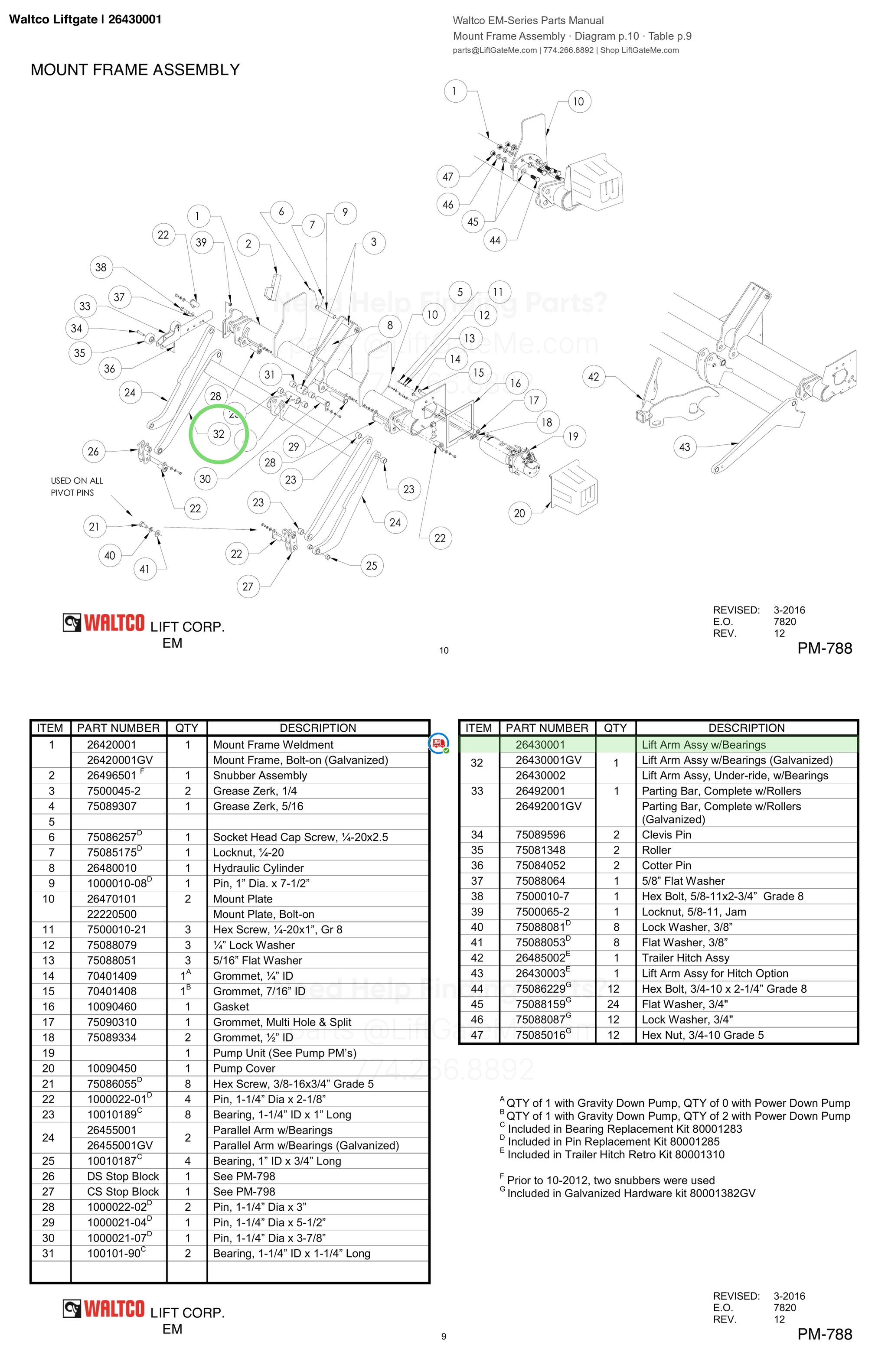 Waltco Liftgate | 26430001 — Mount Frame Assembly · Diagram p.10 · Table p.9 (Waltco EM-Series Parts Manual)