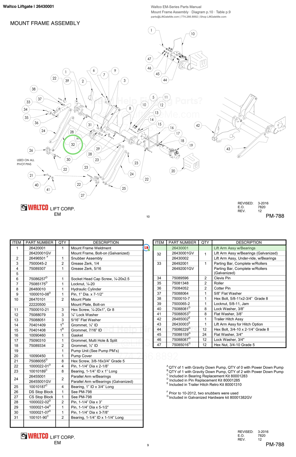 Waltco Liftgate | 26430001 — Mount Frame Assembly · Diagram p.10 · Table p.9 (Waltco EM-Series Parts Manual)