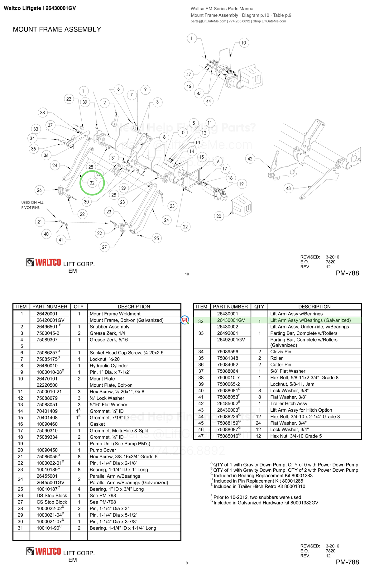 Waltco Liftgate | 26430001gv — Mount Frame Assembly · Diagram p.10 · Table p.9 (Waltco EM-Series Parts Manual)
