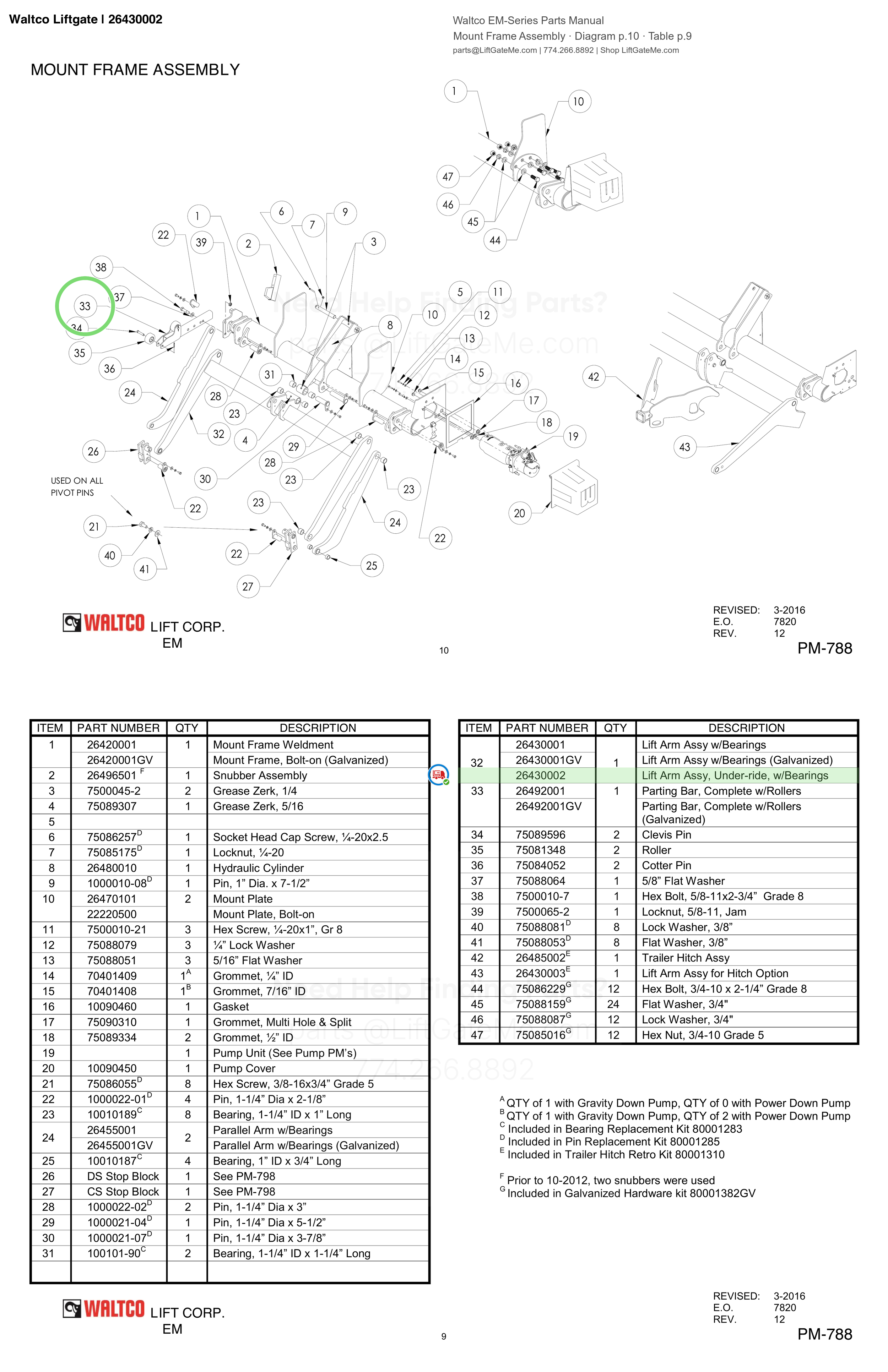 Waltco Liftgate | 26430002 — Mount Frame Assembly · Diagram p.10 · Table p.9 (Waltco EM-Series Parts Manual)