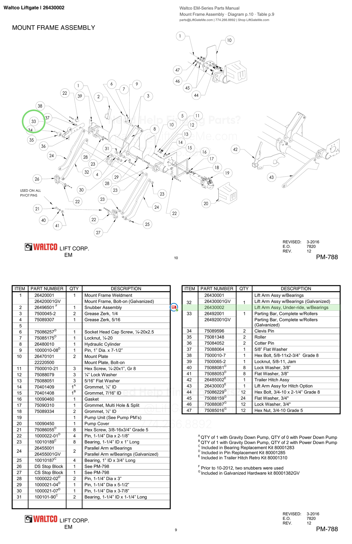Waltco Liftgate | 26430002 — Mount Frame Assembly · Diagram p.10 · Table p.9 (Waltco EM-Series Parts Manual)