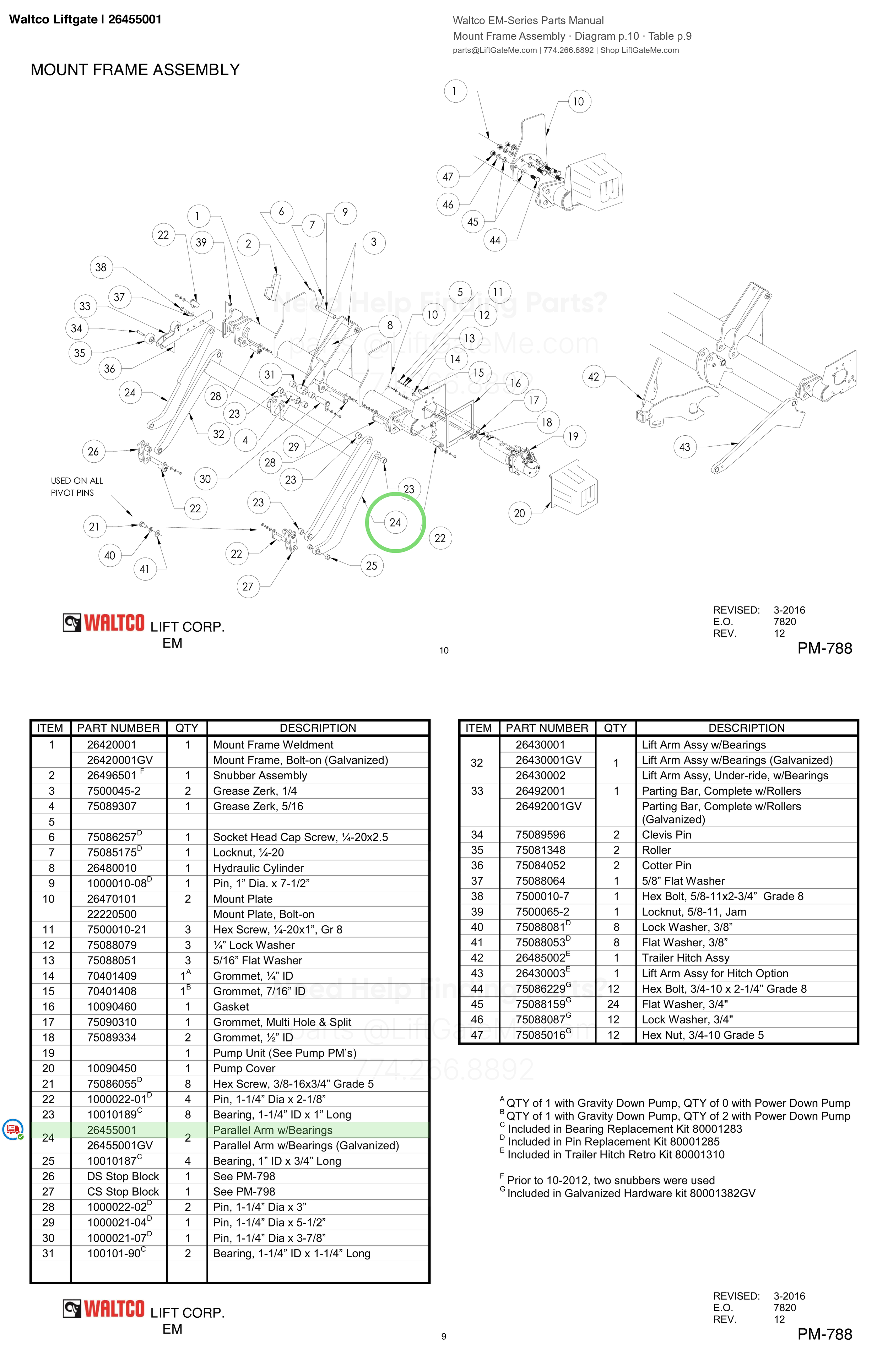 Waltco Liftgate | 26455001 — Mount Frame Assembly · Diagram p.10 · Table p.9 (Waltco EM-Series Parts Manual)