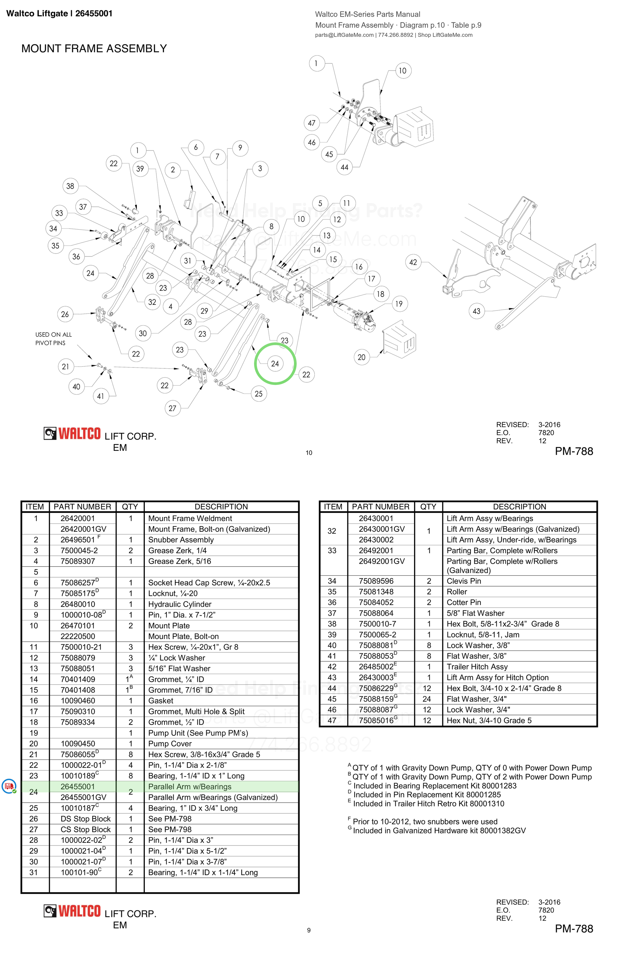 Waltco Liftgate | 26455001 — Mount Frame Assembly · Diagram p.10 · Table p.9 (Waltco EM-Series Parts Manual)
