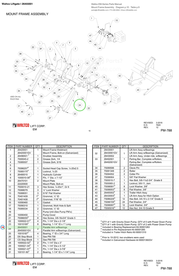 Waltco Liftgate | 26455001 — Mount Frame Assembly · Diagram p.10 · Table p.9 (Waltco EM-Series Parts Manual)