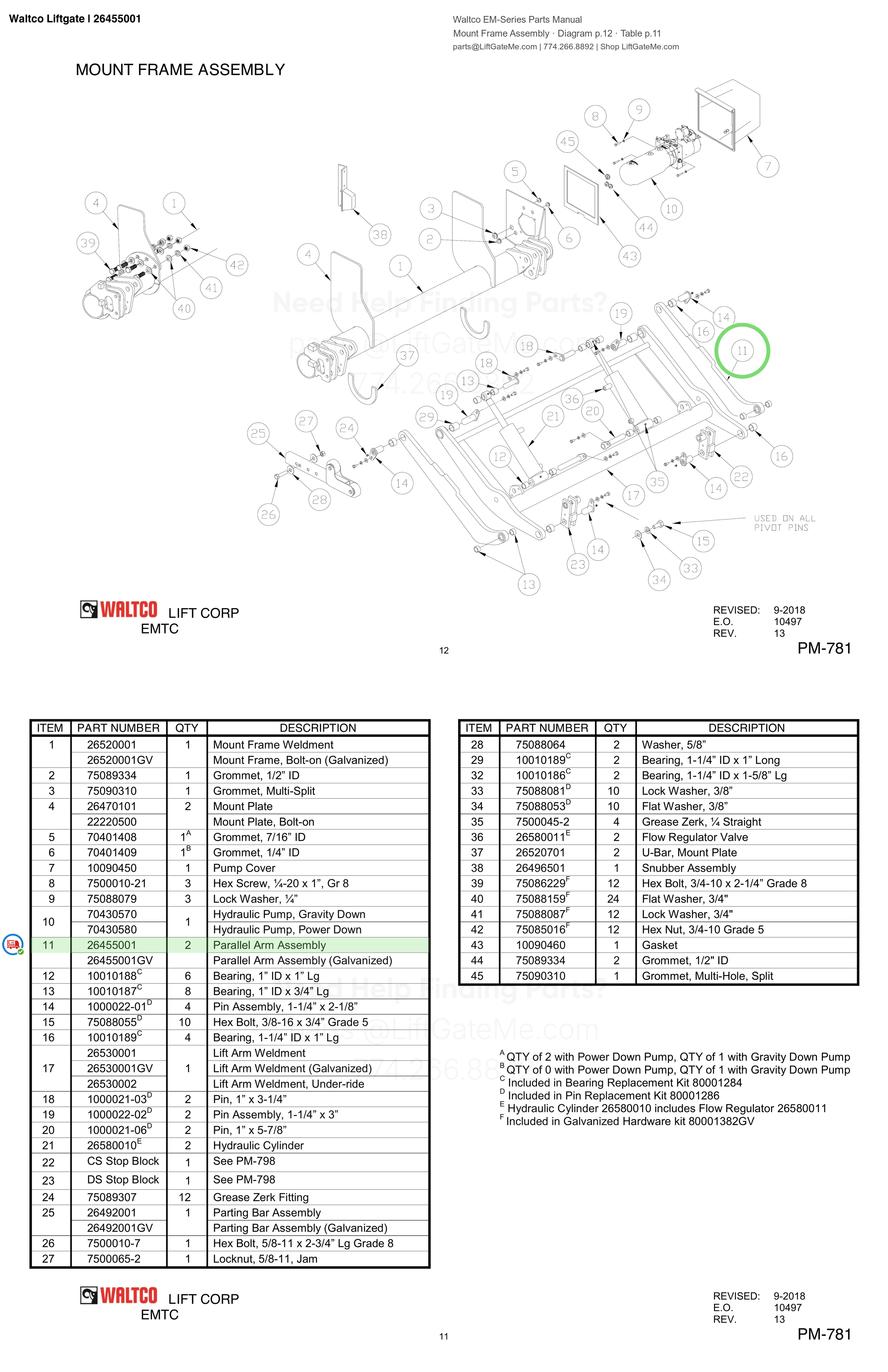 Waltco Liftgate | 26455001 — Mount Frame Assembly · Diagram p.12 · Table p.11 (Waltco EM-Series Parts Manual)
