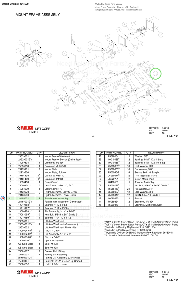 Waltco Liftgate | 26455001 — Mount Frame Assembly · Diagram p.12 · Table p.11 (Waltco EM-Series Parts Manual)