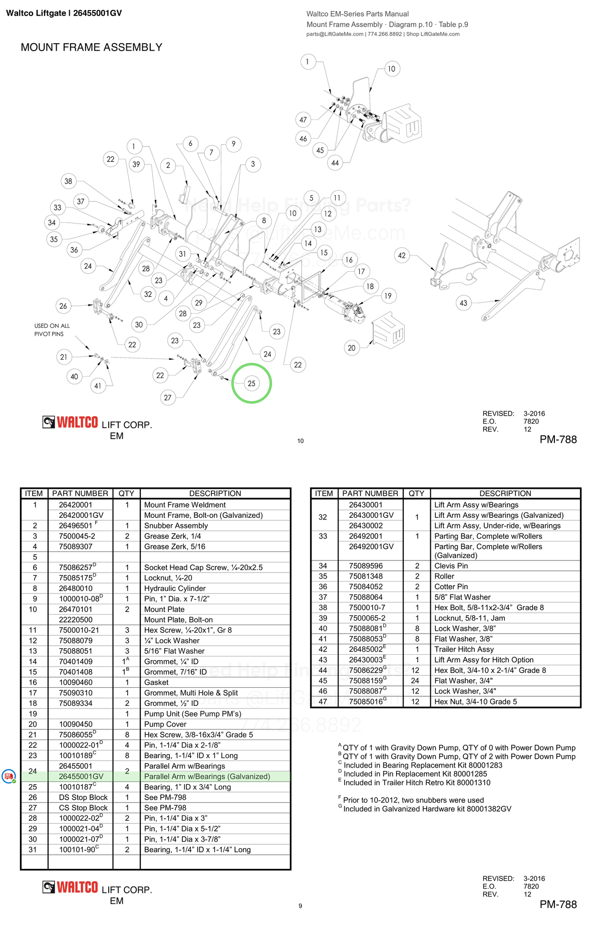 Waltco Liftgate | 26455001gv — Mount Frame Assembly · Diagram p.10 · Table p.9 (Waltco EM-Series Parts Manual)