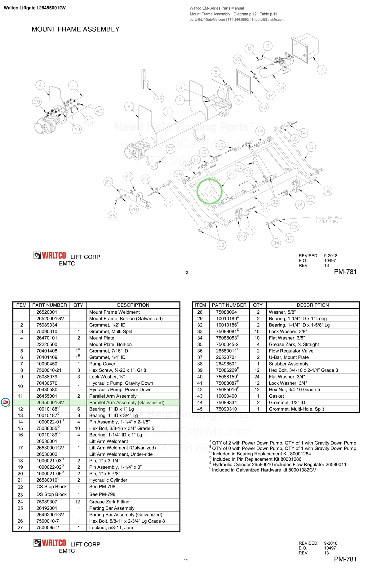 Waltco Liftgate | 26455001gv — Mount Frame Assembly · Diagram p.12 · Table p.11 (Waltco EM-Series Parts Manual)