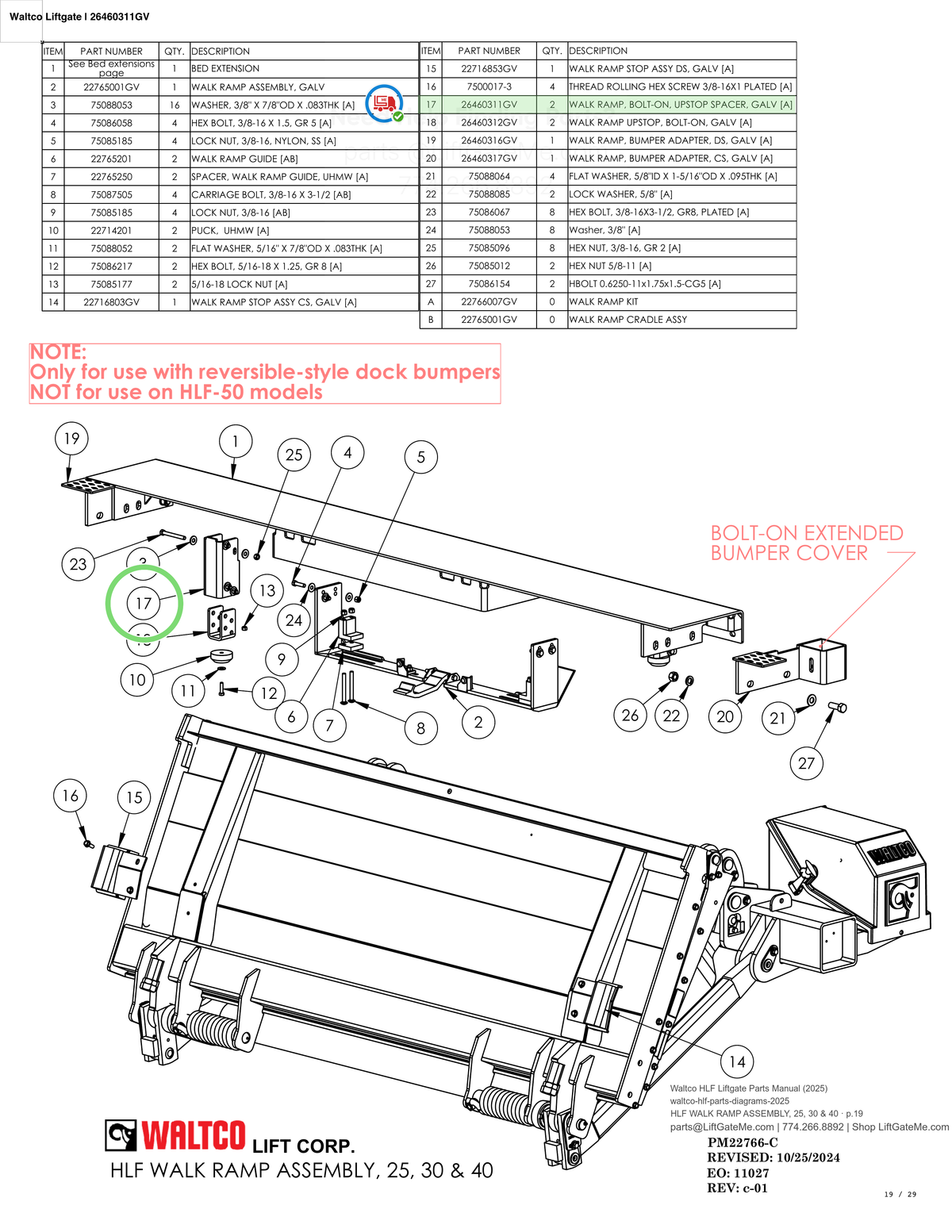 Waltco Liftgate | 26460311gv — HLF WALK RAMP ASSEMBLY, 25, 30 & 40 · p.19 (Waltco HLF Parts Manual)
